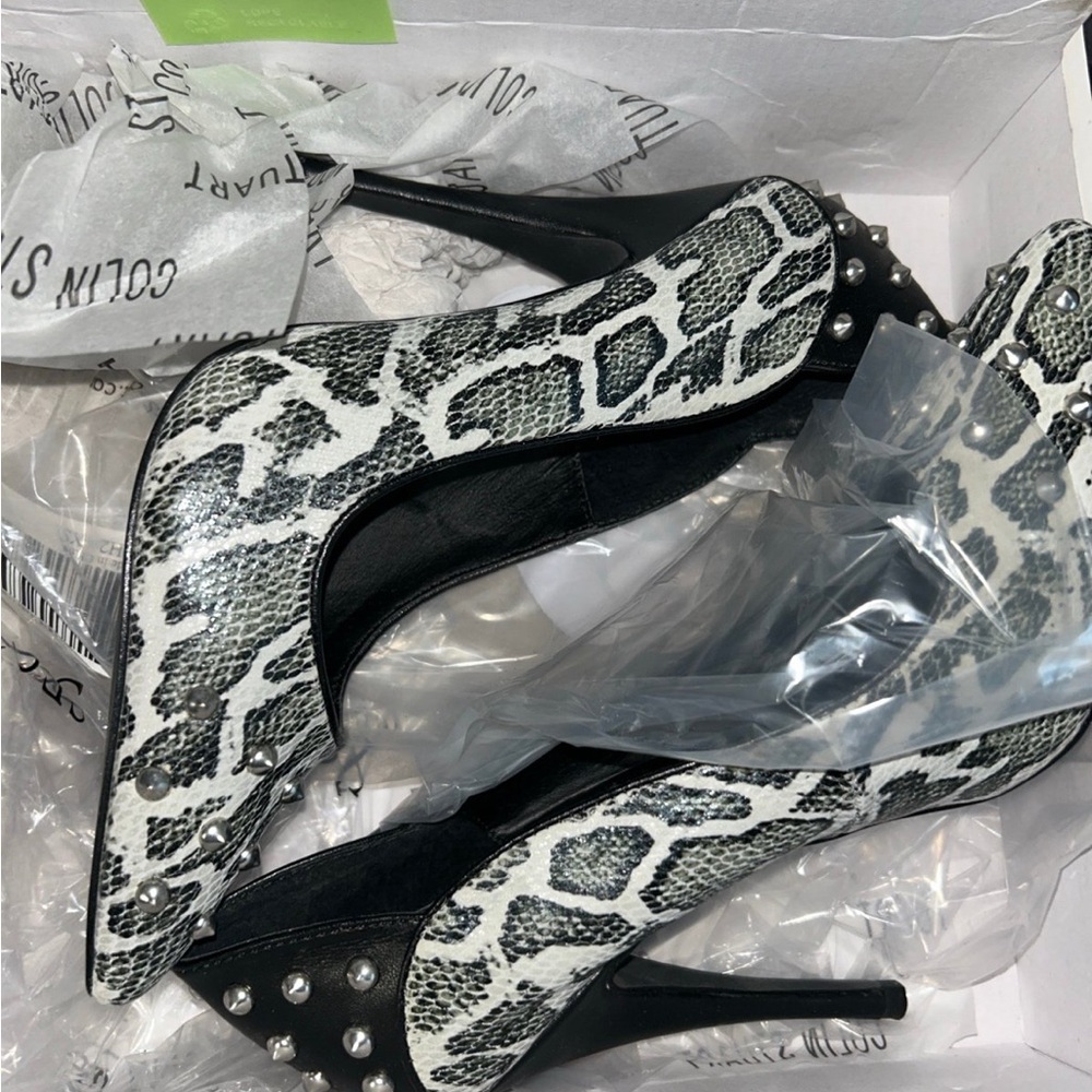 Studded Black and White Snakeskin Heels